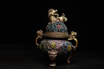 

Home 6" China Collection Old Boxwood Painted Unicorn statue Pixiu climbing incense burner Three-legged incense poodle cover