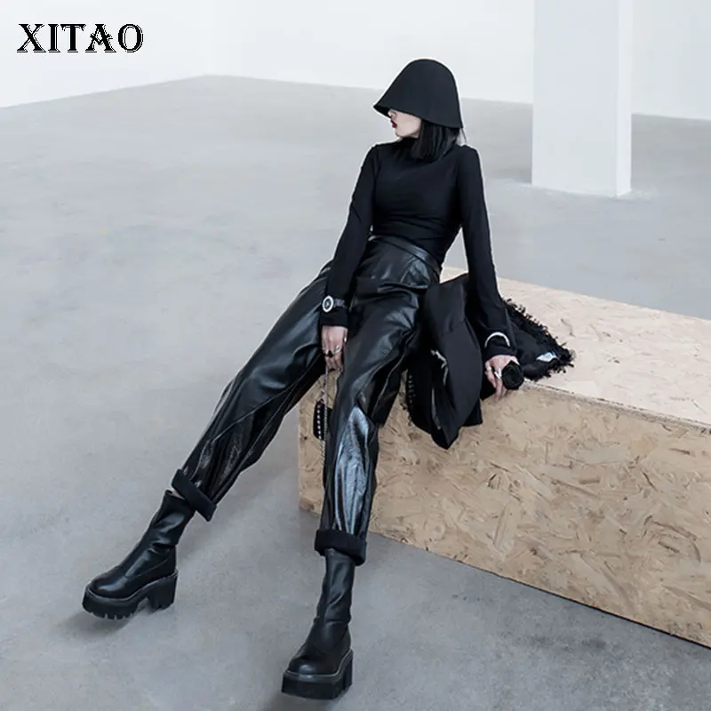 

XITAO Women Fashion New Pants 2020 Spring Pleated PU Irregular High Waist Small Fresh Goddess Fan Full Sleeve Pants XJ3795