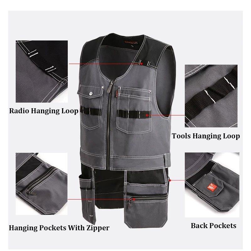 Bauskydd High Quality Men Male Female Outdoor Workwear Mens Work Vests Multifunction Tool Multi Pockets Vests Blue/Grey 6