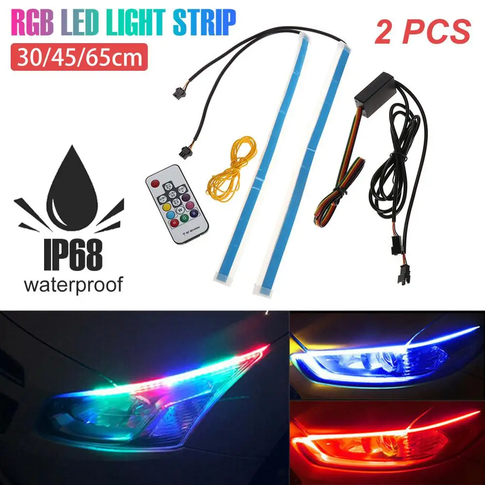 

2Pcs Flexible Car LED Light Strip 30/45/60 CM Daytime Running Lights RGB Waterproof Turn Signal Lights with Remote Control