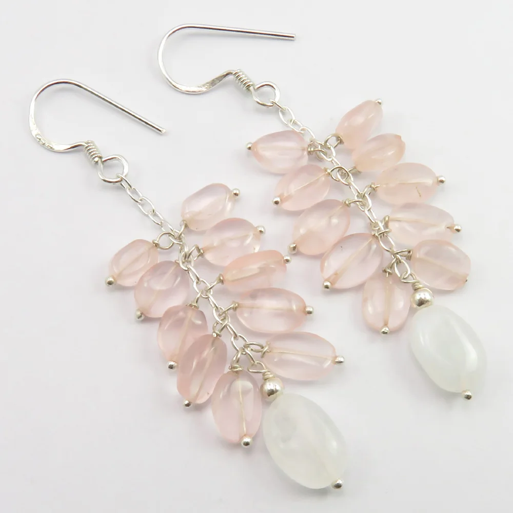 

Stamp Silver Rose Quartz, Rainbow Moonstone Beads Pierced Earrings