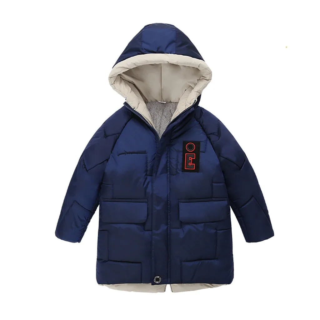 Зимнее пуховое пальто в Корейском стиле для маленьких мальчиков; однотонное теплое пальто; куртка на молнии; плотная теплая зимняя толстовка с капюшоном; Верхняя одежда с карманами - Цвет: Dark Blue