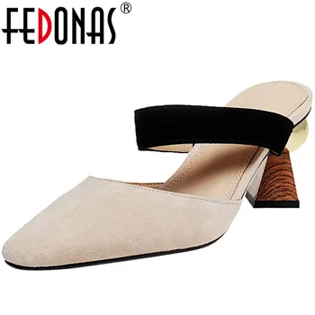 

FEDONAS Women 2020 New Arrival Mary Jane Kid Suede Pumps Pointed Toe Slippers Thick Heels Prom Shoes Summer Sandals Shoes Woman