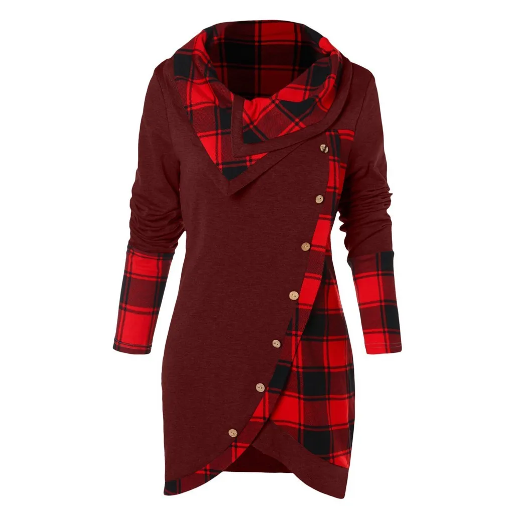 KLV Autumn Women Plaid Sweatshirts Hoodies Long Sleeve Turtleneck Tartan Tunic Sweatshirt Pullover Tops sudadera mujer