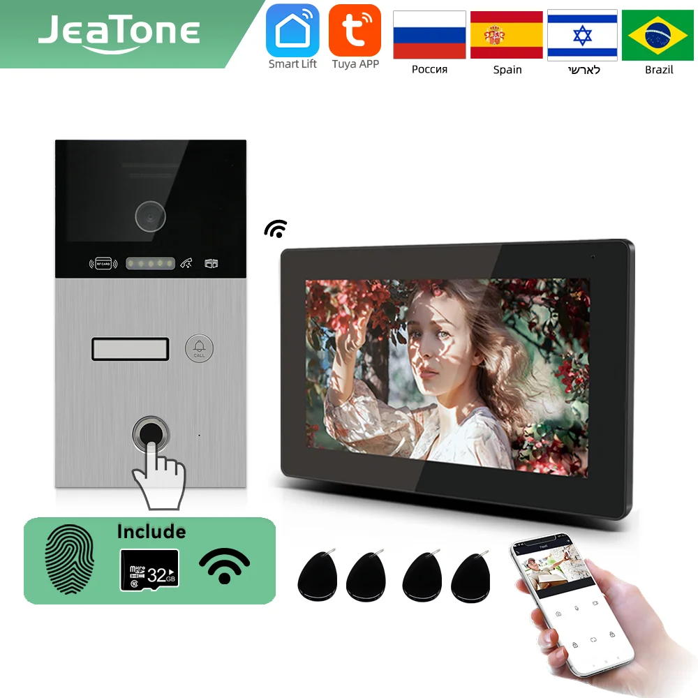 Jeatone TUYA 7 ”IP WIFI беспроводной видеодомофон для квартиры 1F монитор дверной звонок