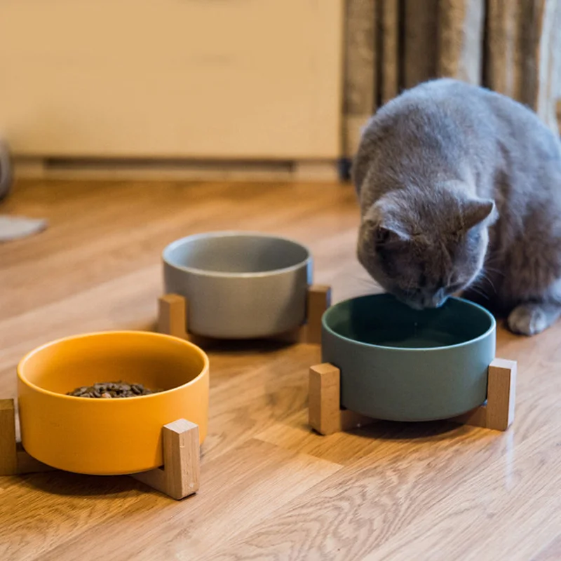Ceramic Cat Dog Bowl Elevated Raised with Wood Stand Pet Food Water Bowl Tableware Bamboo Frame Antiskid Dog Cat Feeding Bowl