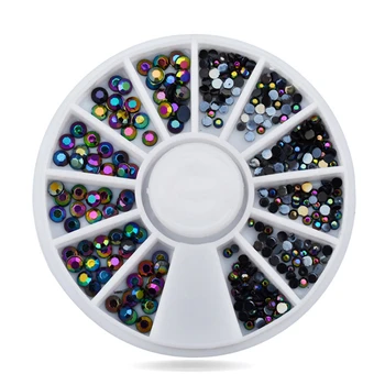 

12 grids black Mixed-size AB Round Flat Bottom Nail Rhinestones Acrylic Shinning Nail Art 3D DIY Decoration for UV