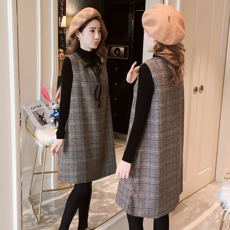 

6611# 2PCS/Set Autumn Winter Korean Fashion Maternity Dress Plaid Vest Dress + Black Knitted Shirts for Pregnant Women Pregnancy