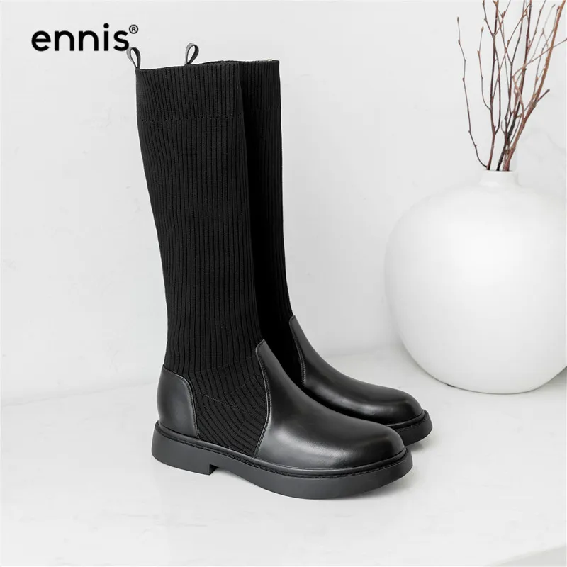 ENNIS/ г.; зимние сапоги; женские черные сапоги до колена; вязаные эластичные сапоги из натуральной кожи; Женская Осенняя обувь на плоской подошве; модная обувь; L937