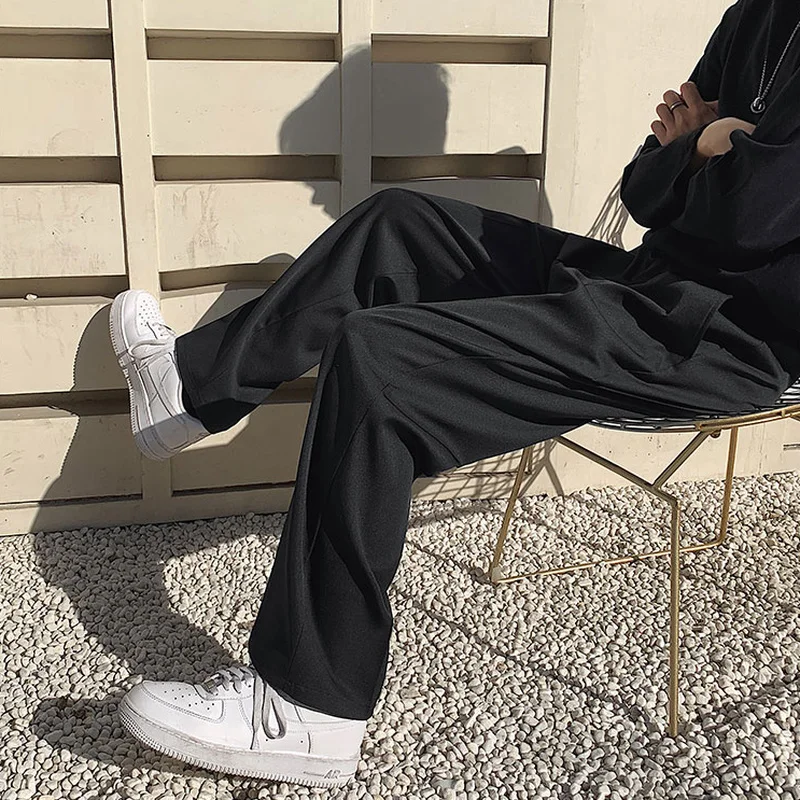 Solid Men Casual Pants Pleated Pockets Mens Fashion Clothing Mopping Hong Kong Style Zipper Fly Spring New Trousers Loose Bottom casual pants