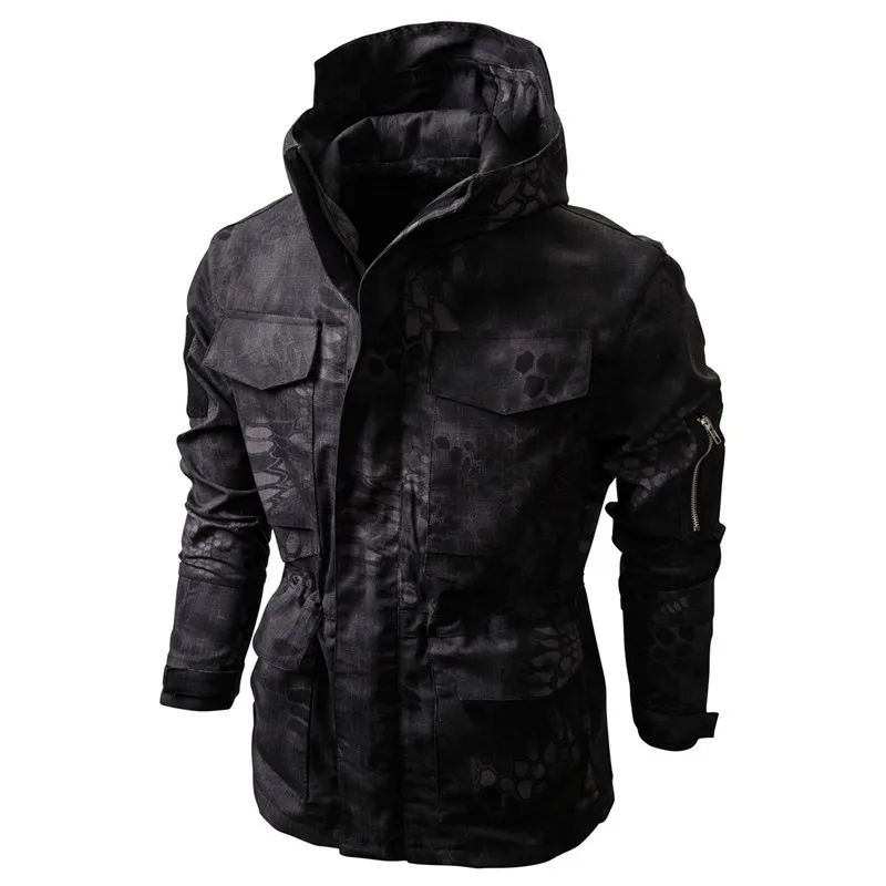 Брендовая одежда, тактическая куртка для мужчин, водонепроницаемое пальто, камуфляжные ветровки с капюшоном, камуфляжная одежда, охотничья одежда, пальто с капюшоном для мужчин - Цвет: Черный