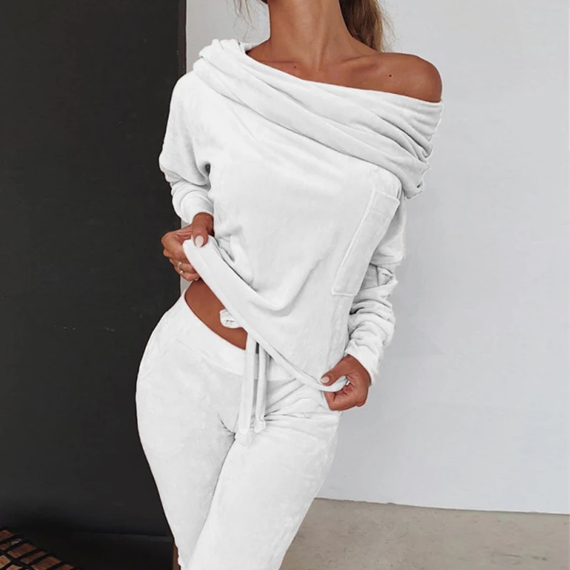 

Women Warm Tracksuits Winter Womens Sets Slash Off Shoulder Tops Long Pants Velvet Suits Two 2 Piece Sets Casual Outfits GV961