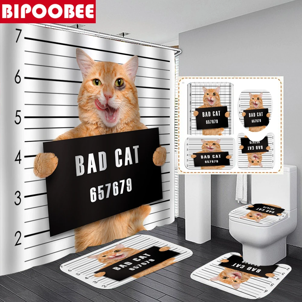

Funny Shower Curtain Crime Cat Printed Bath Floor Mat Non Slip Rug Toilet Cover Pedestal Carpet 3d Bathroom Curtains Home Decor