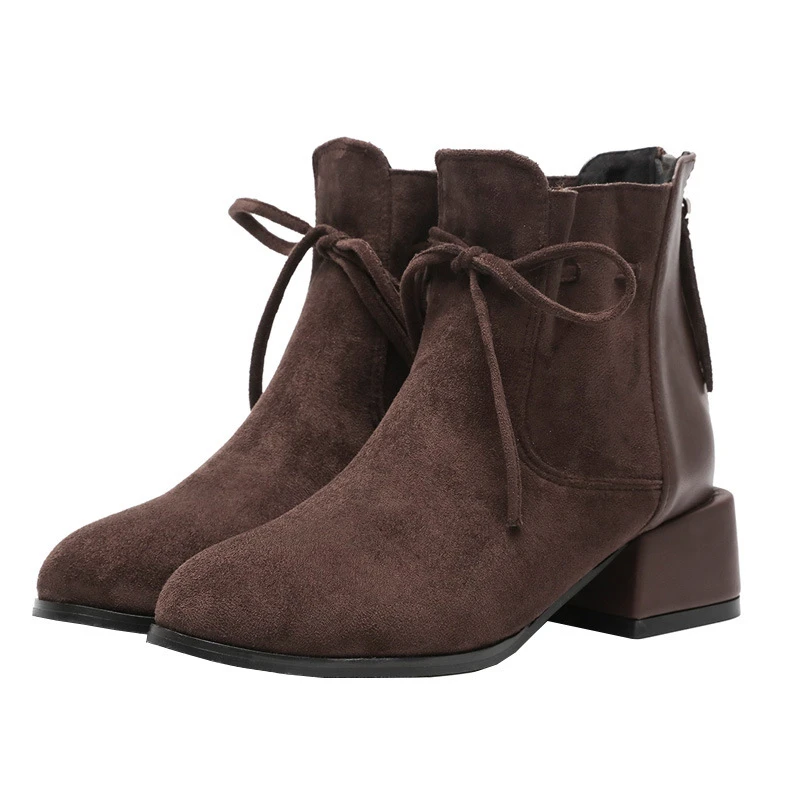

HMXO Thick Warm Mid Heel Ankle Women's Short Boots Warm And Elegant Short Boots Ladies Bow Decoration Optional Plus Velvet Style