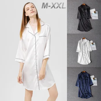 

Women's Silky Short Nightgown 3/4 Sleeves V-Neck Loose-Fit Sleepdress