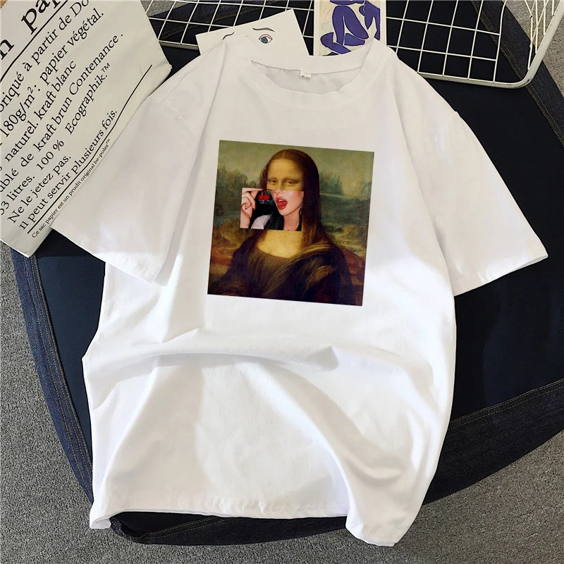 Camisetas de pintura de Mona Lisa para mujer, camiseta de gran tamaño con pintura artística de alta calidad, moda Harajuku estética Ulzzang, ropa coreana