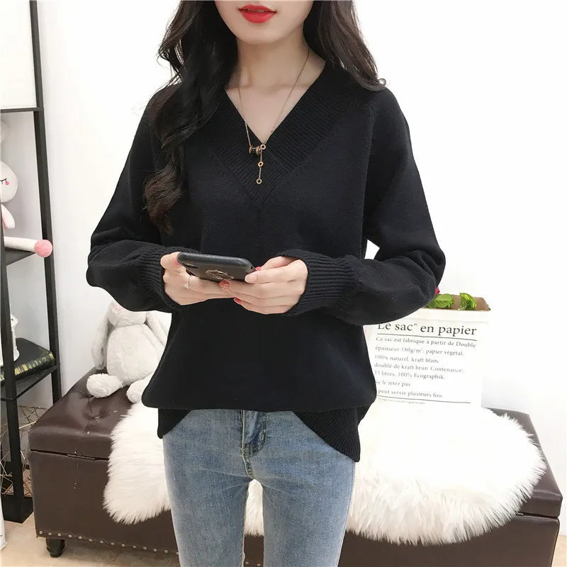 Skup Sweter z dekoltem w serek jesień ciepłe swetry dziergany sweter Top Pull Femme czarny niebieski zielony