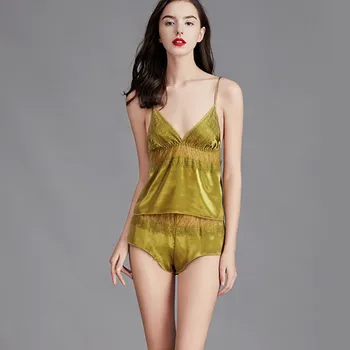 

Two Piece Sets Women Sleepwear Silk Pajamas Sexy Tops Short Nightwear Woman 2020 Summer Lace Spliced Homewear Female Lingerie
