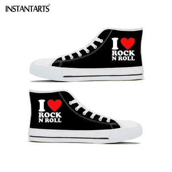 

INSTANTARTS Women Flats Shoes I Love Rock N Roll Design Casual Footwear High Top Lace Up Mens Canvas Shoes Fashion Sneakers