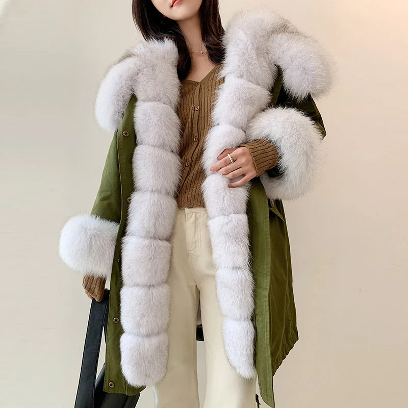 

Natural Fox Fur Winter Woman Coats Long Rex rabbit fur inner gallbladder Genuine Fur Coats Women Real Fox Fur Coat Warm