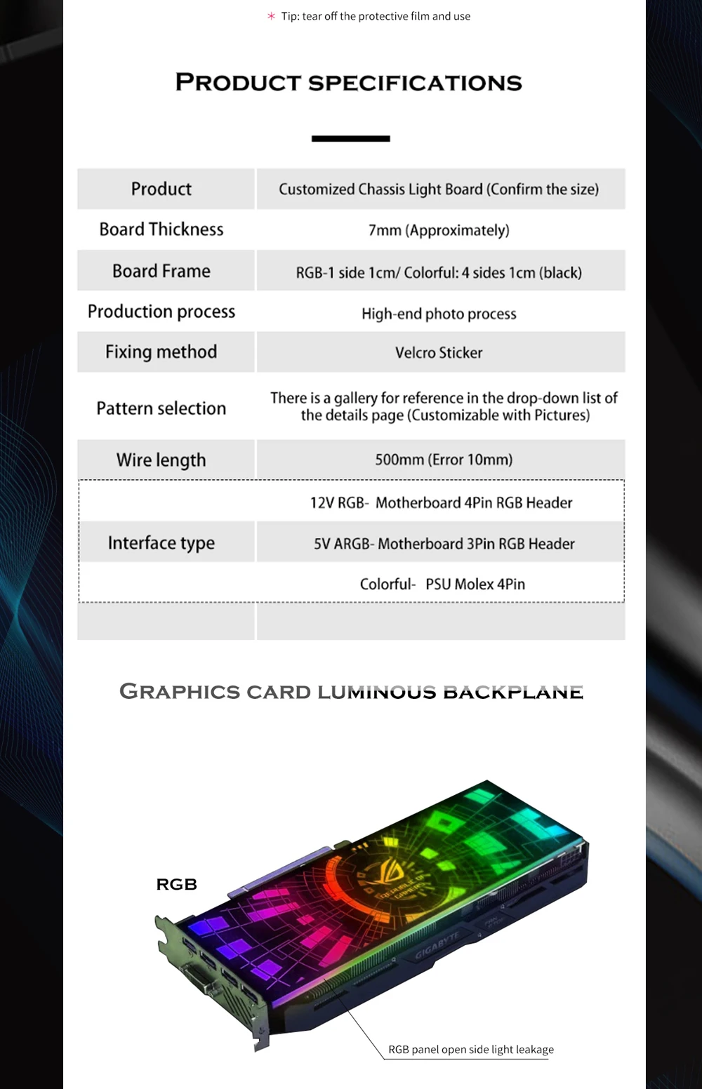 Personalizado Caso PC Painel Lateral GPU Backplane