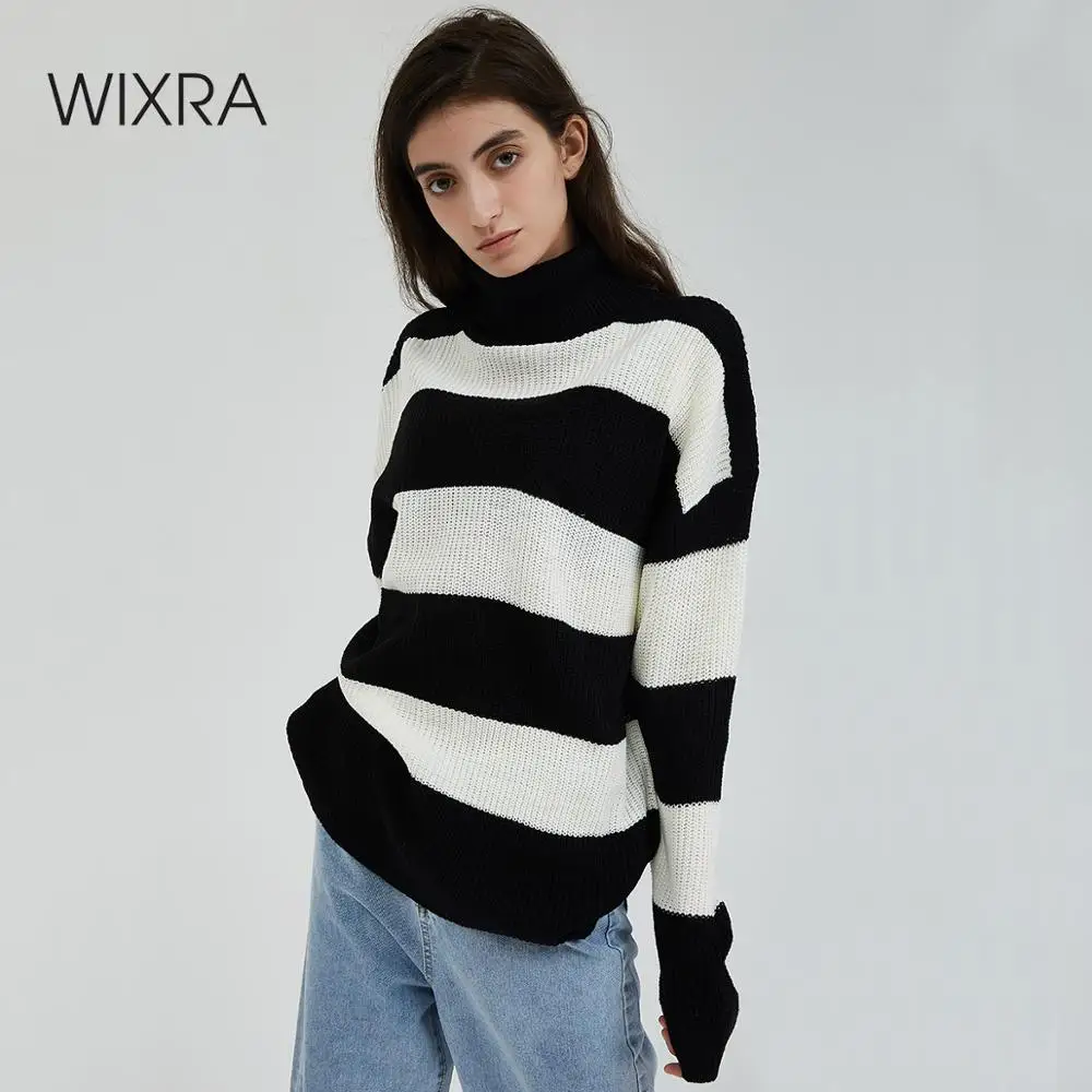 

Wixra Striped Sweater Women Turtleneck Overszied Knitted Autumn Winter Women's Warm Pullover Jumper For Female