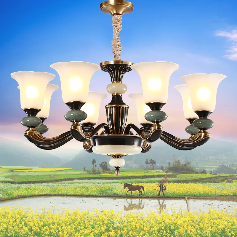 

Black Wipe Gold US-Style Pastoral Style Jade Copper Lamp Simple European Model Room Living Room Copper Chandelier Hotel Restaura