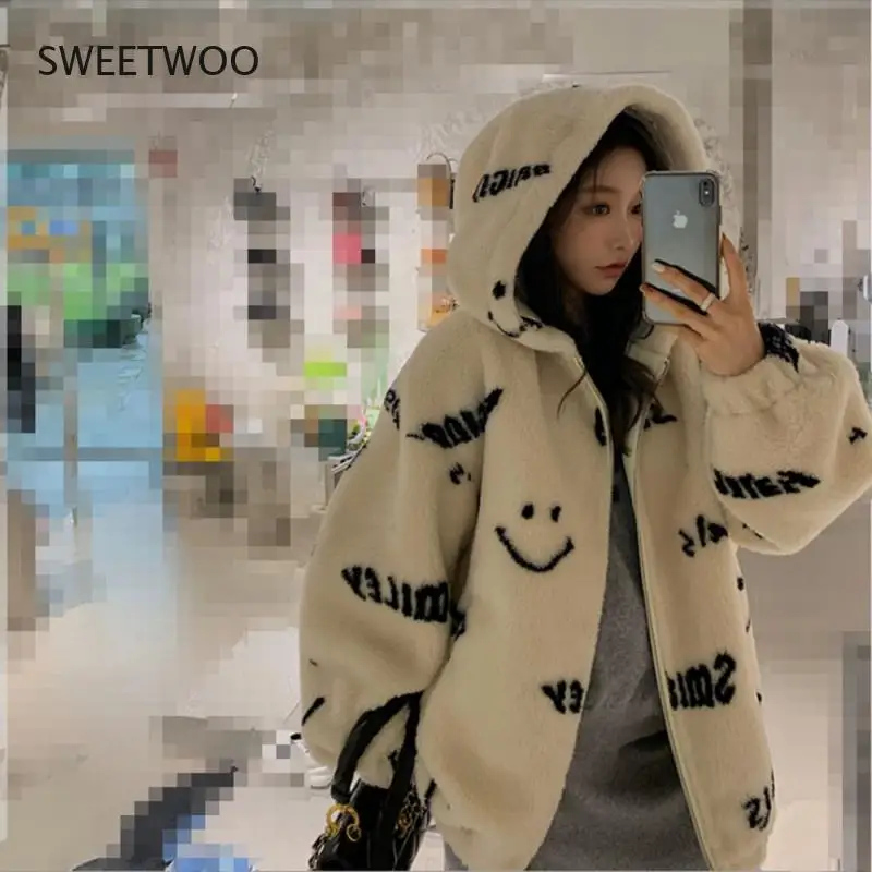2021 New Mid-Length Hooded Korean Faux Fur Jacket Women's Fleece Smiling Face Streetwear Thicken Warm Fur Jacket