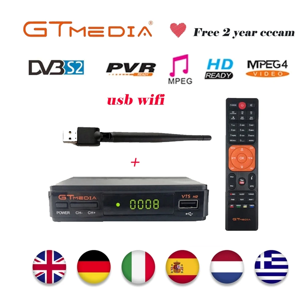 GTMedia V7S FullHD спутниковый ТВ ресивер+ 2 года Европа CCcam-clines 1080P для Испании Германия Португалия Freesat V7 телеприставка