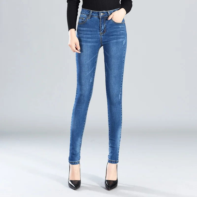 Женские джинсы-карандаш, модные обтягивающие джинсы с высокой талией, ретро длинные штаны, одноцветные Эластичные Обтягивающие женские джинсовые брюки с карманами - Цвет: Deep Blue