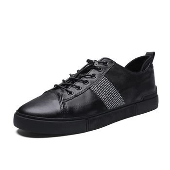 

Men Genuine Leather Sneakers Black Shoes Handmade Comfortable Breathable Men Flats Lace-Up Fashion Sneakers Men Shoes