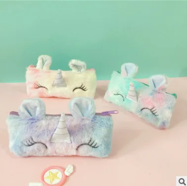 

2020 new Rainbow Plush Unicorn School Pencil Case Cute pencil box Pen bag for Girls Stationery Pouch kids gift school Supplies