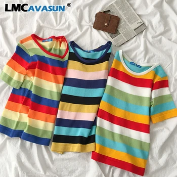 

LMCAVASUN Contrast design stripe New 2020 sweater Summer women's clothing Korean version All-match Bottom short sleeve pullover