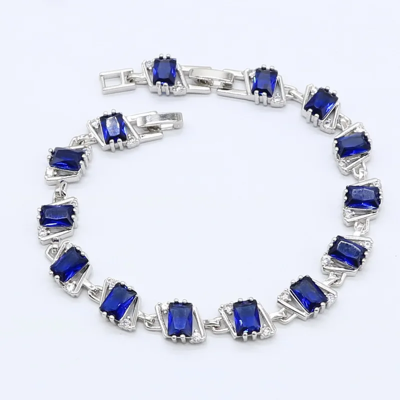 Dark Blue Zircon 925 Silver Jewelry Sets for Women Bracelet Earrings Necklace Pendant Ring Gift Box