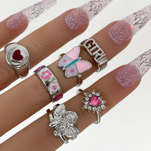 Colorful Enamel Finger Ring Set For Women Heart Butterfly Flower Crystal Kunckle Rings Fashion Lady Party Jewelry