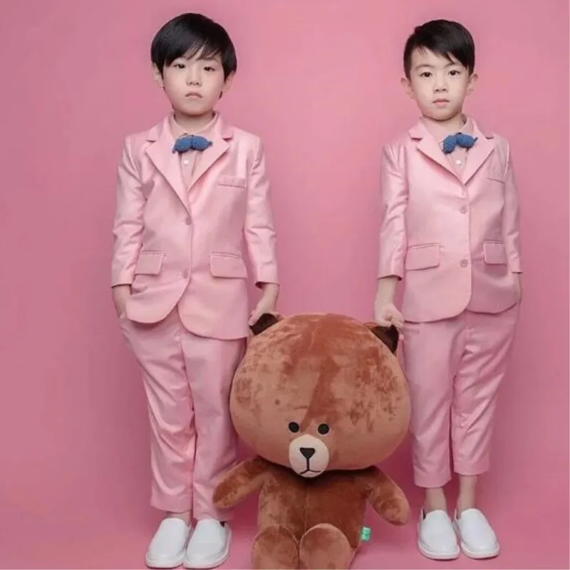 

custom Boy Blazers Suit Kids Suits for Wedding (Coat+Tie+Pants) Children Suits Costume Pink Color Jacket camisa masculin