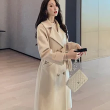 Осенне-зимний Женский Повседневный шерстяной плащ двубортное длинное пальто с поясом