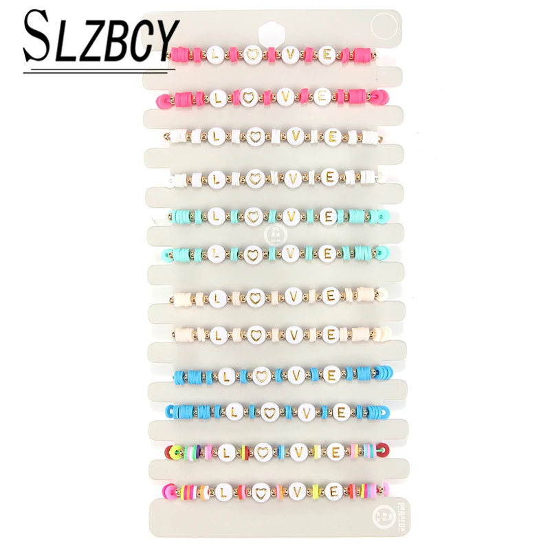 

12 pcs/set Letter LOVE Charm Bracelets For Women Acrylic Soft Clay Handmade Beaded Braided Rope Bracelet Set Adjustable Jewelry