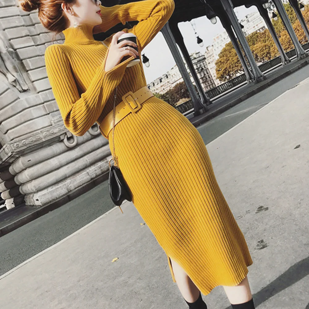 Elegant Women Dress Autumn Knitted Sweaters Bodycon Dress Office Lady Split Korean Style Vestidos Black Winter Dress With Belt