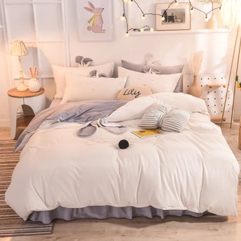 

White Gray Pink Fleece Fabric Winter Cute Rabbit Ear Embroidery Bedding Set Soft Velvet Duvet Cover Bed sheet/Linen Pillowcases