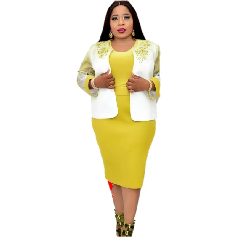 2021 Spring Autumn New Print Coat + Dress Two Sets Sexy Ladies Split Professional Skirt Set African Large Size Slim MIDI Skirt