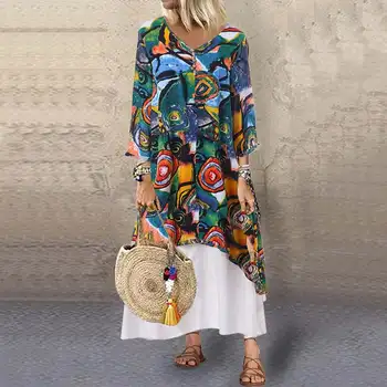 

Plus Size Summer Maxi Dress women's Printed Sundress 2020 ZANZEA Vintage Casual Patchwork Tunic Vestidos Female O Neck Robe