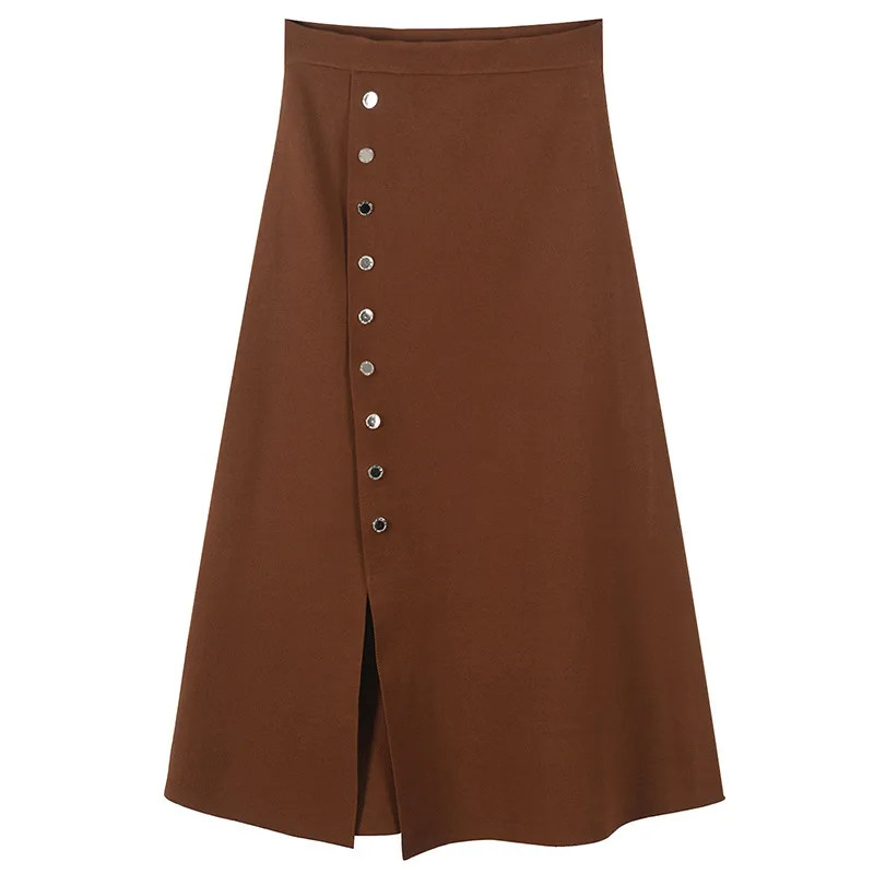 

Women Skirt Hem Split Button Knitted Bottom High Waist Runway Design Skirt Luxury Offcie Lady Faldas Saia Jupe Spring Autumn