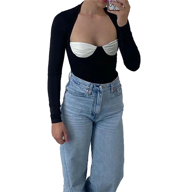 

PD Women Long Sleeve T-shirt Square Collar Slim Fit Color Block Autumn Clothing Ladies Patchwork Shirt Tees Shirts Streetwear