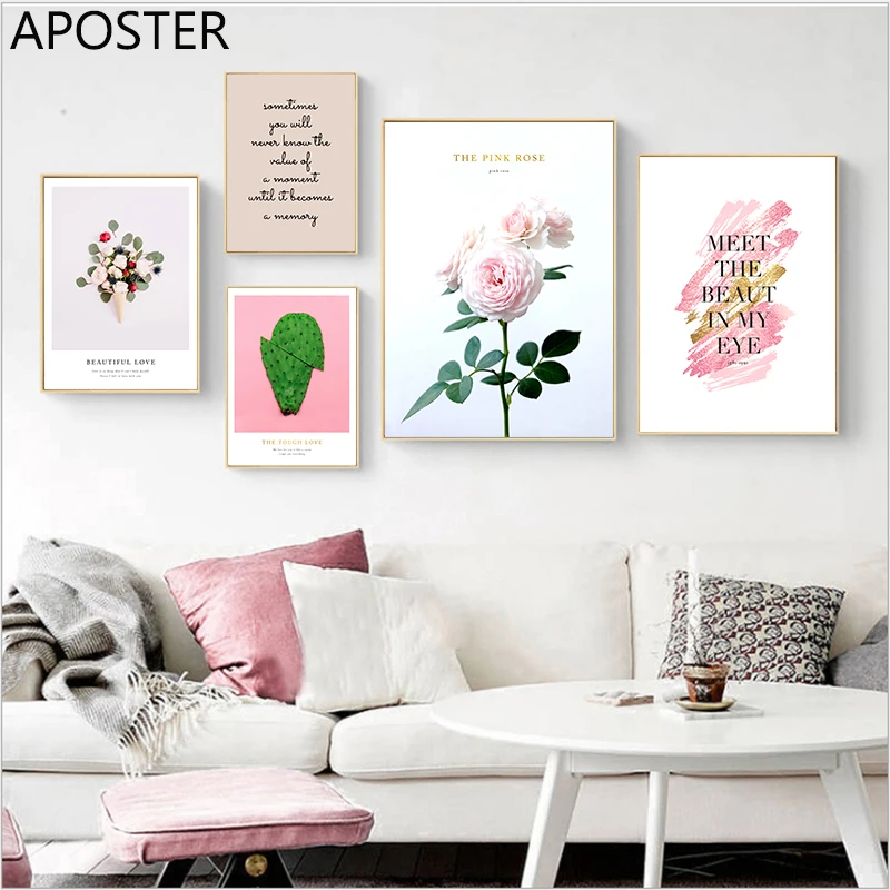 

APOSTER Beautiful Love Pink Rose Flower Palm Leaf Poster Nordic Print Wall Art Picture Canvas Painting For Living Room Decor