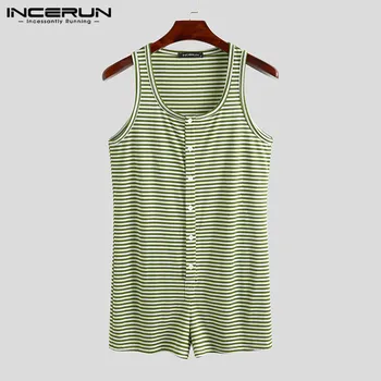 

INCERUN Men Striped Pajamas Playsuit Tank Tops Rompers Sleeveless Buttons Fitness Short Bottoms Homewear Men Sleepwear Jumpsuits