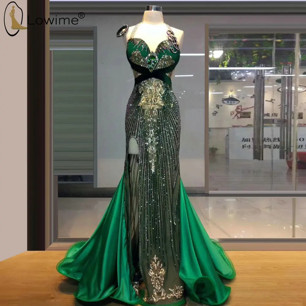 

Green Halter Sexy Sequined Mermaid Evening Dresses with Detachable Train 2020 High Split Beaded Robe De Soiree Prom Party Gowns