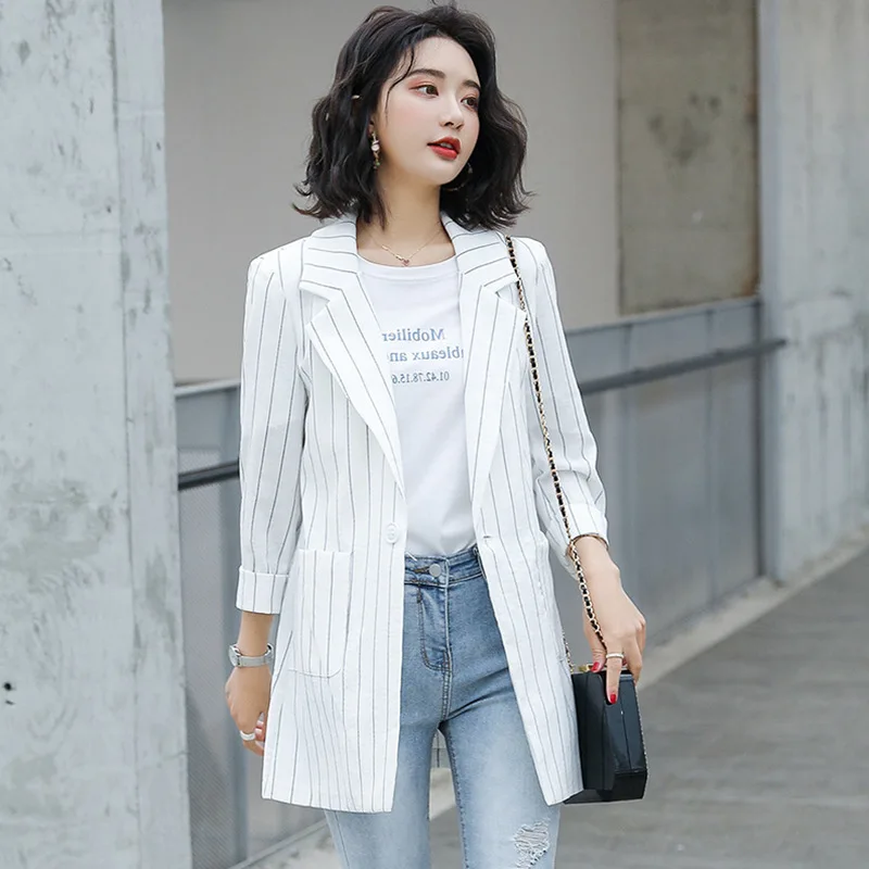 

Stripes Thin Suit Jacket Women's 2019 Summer New Style Korean-style Slimming Elegant Versatile Three-quarter-length Sleeve Coat