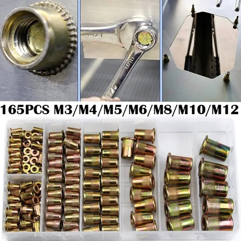 165 шт. M3, M4, M5, M6, M8, M10, M12 смешанные оцинкованные заклепки из углеродистой стали с резьбой Rivnut набор вставок распродажа