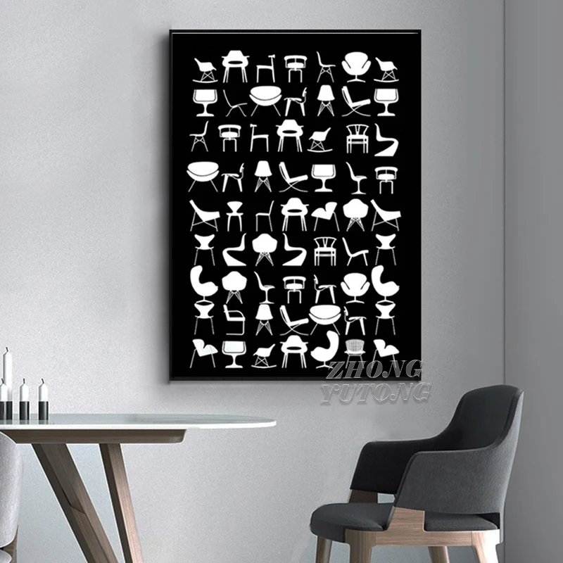 Chair Poster - History of Chairs Retro Furniture Art silhouettes Iconic chairs Barcelona eames Can | Дом и сад